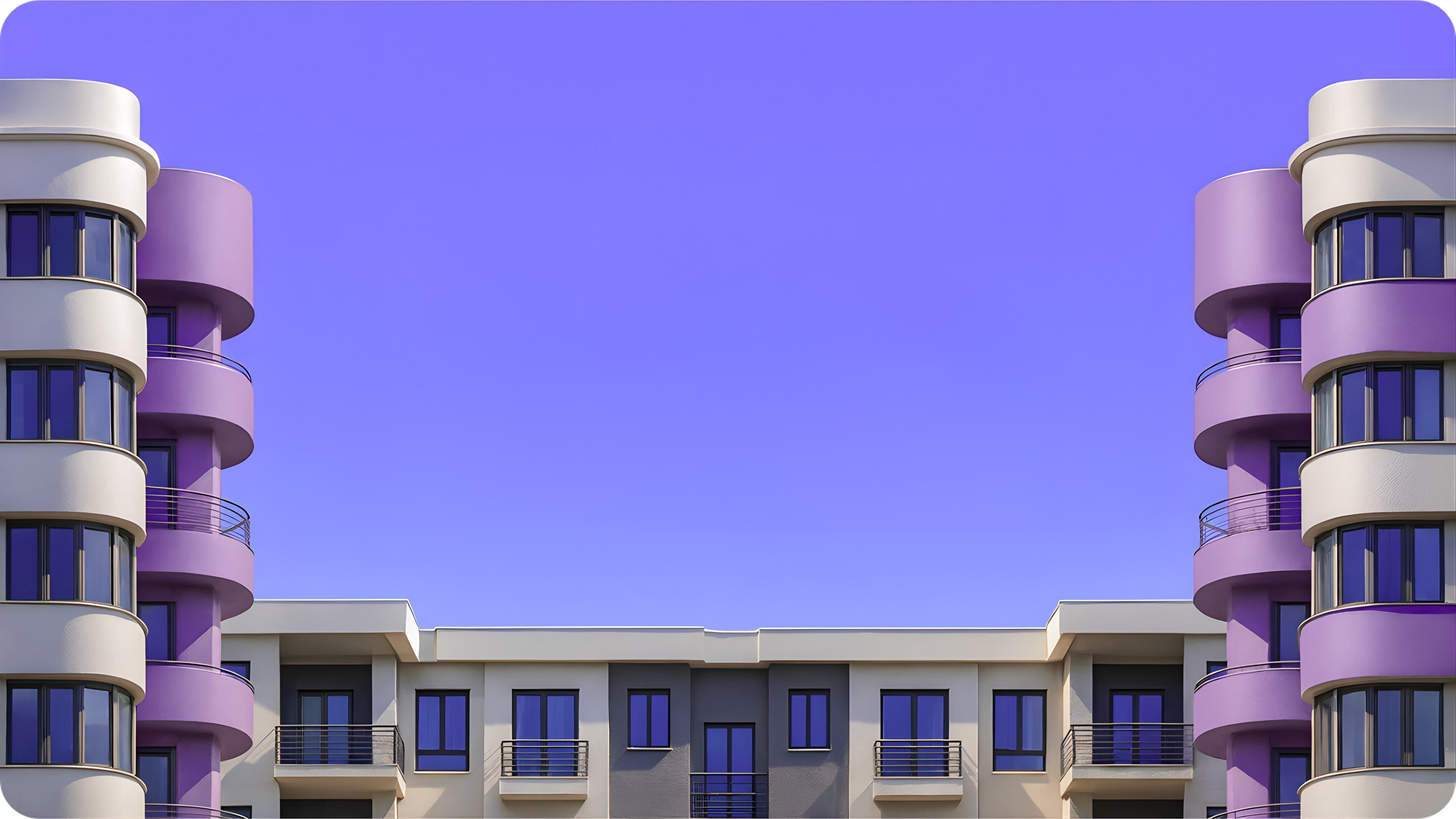 Illustration of a modern purple living room with a city skyline view.